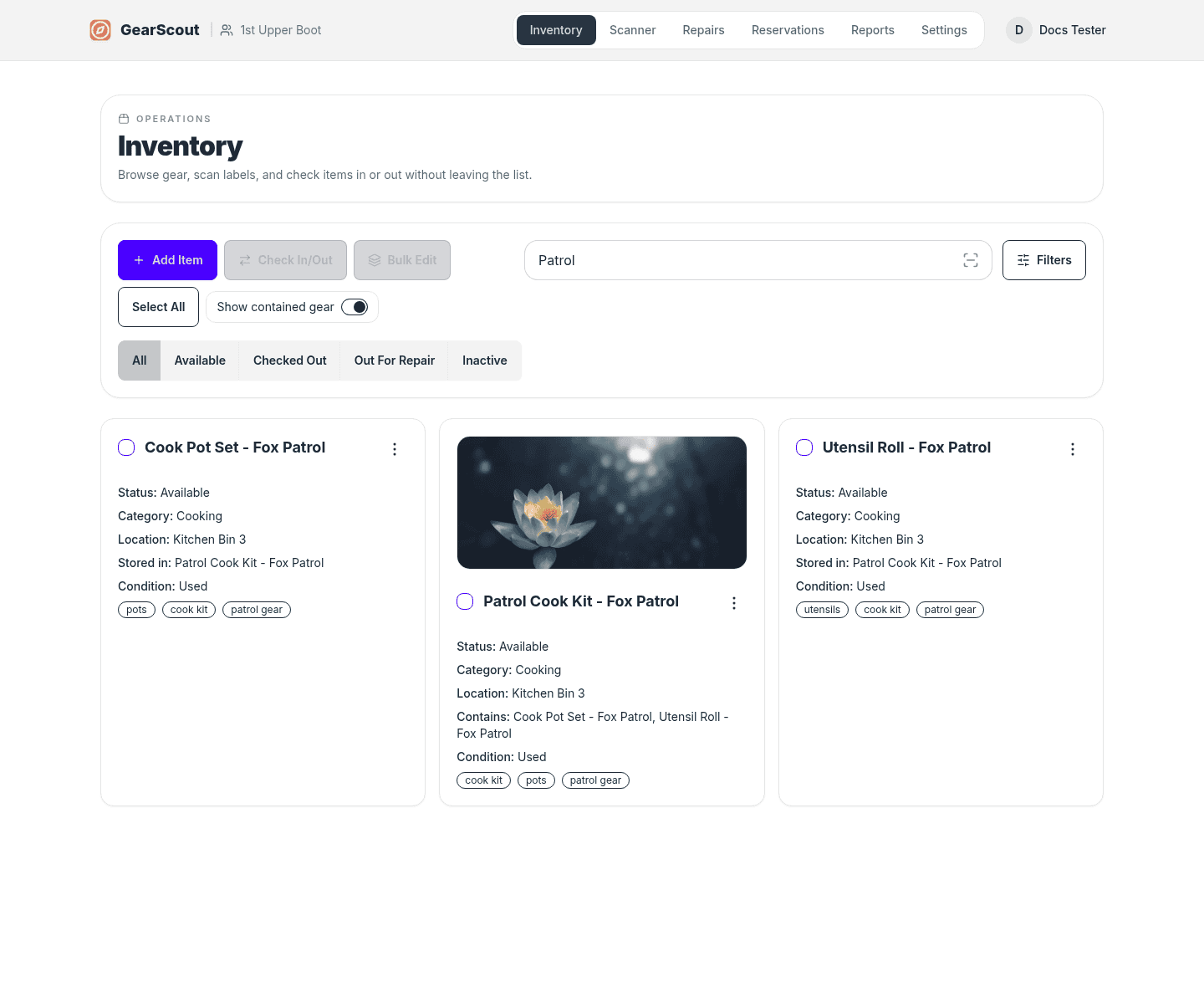 GearScout desktop inventory interface